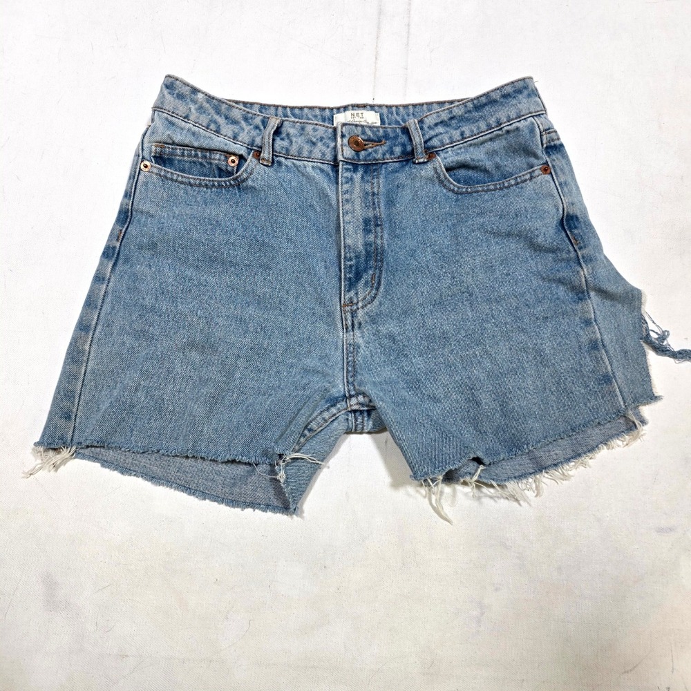 N.E.T. Denim Shorts Womens 15 Waist Blue Distressed Raw Hem High Rise Cut Offs